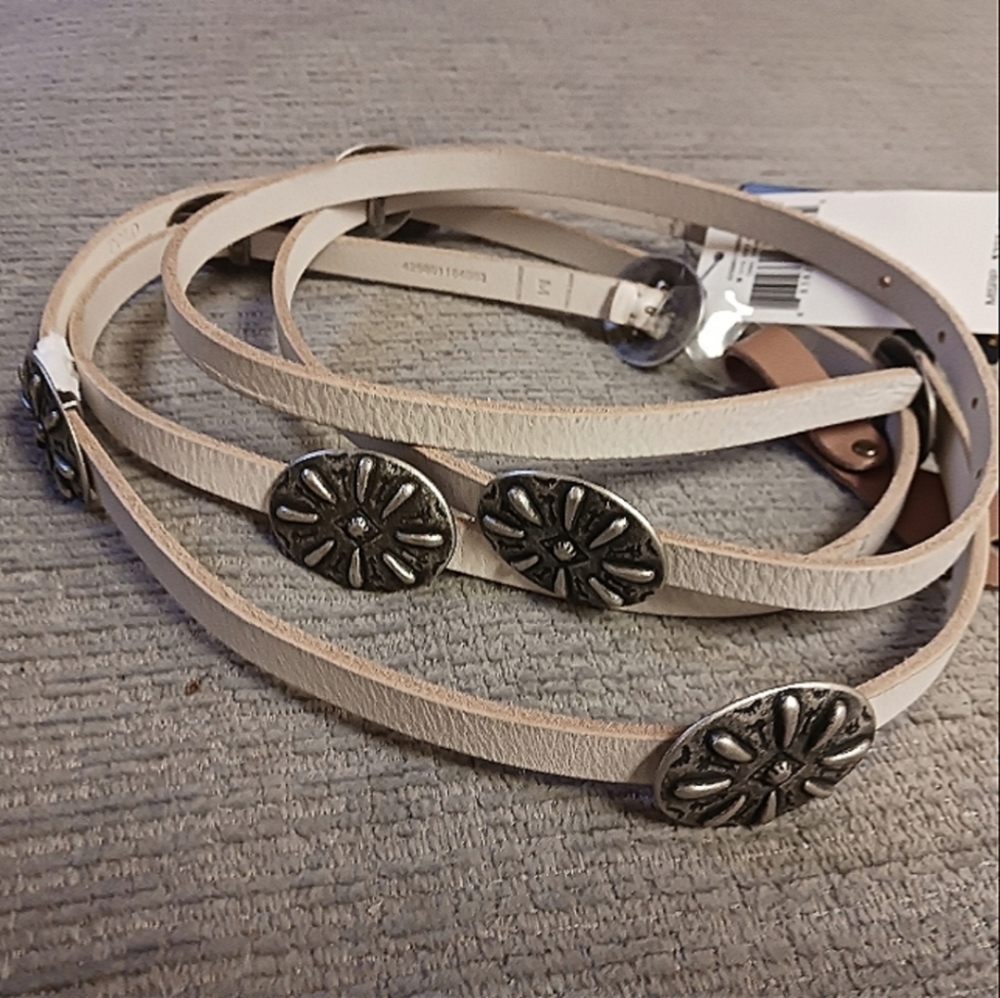 NWT Polo Ralph Lauren leather calfskin western engraved double wrap belt cream M